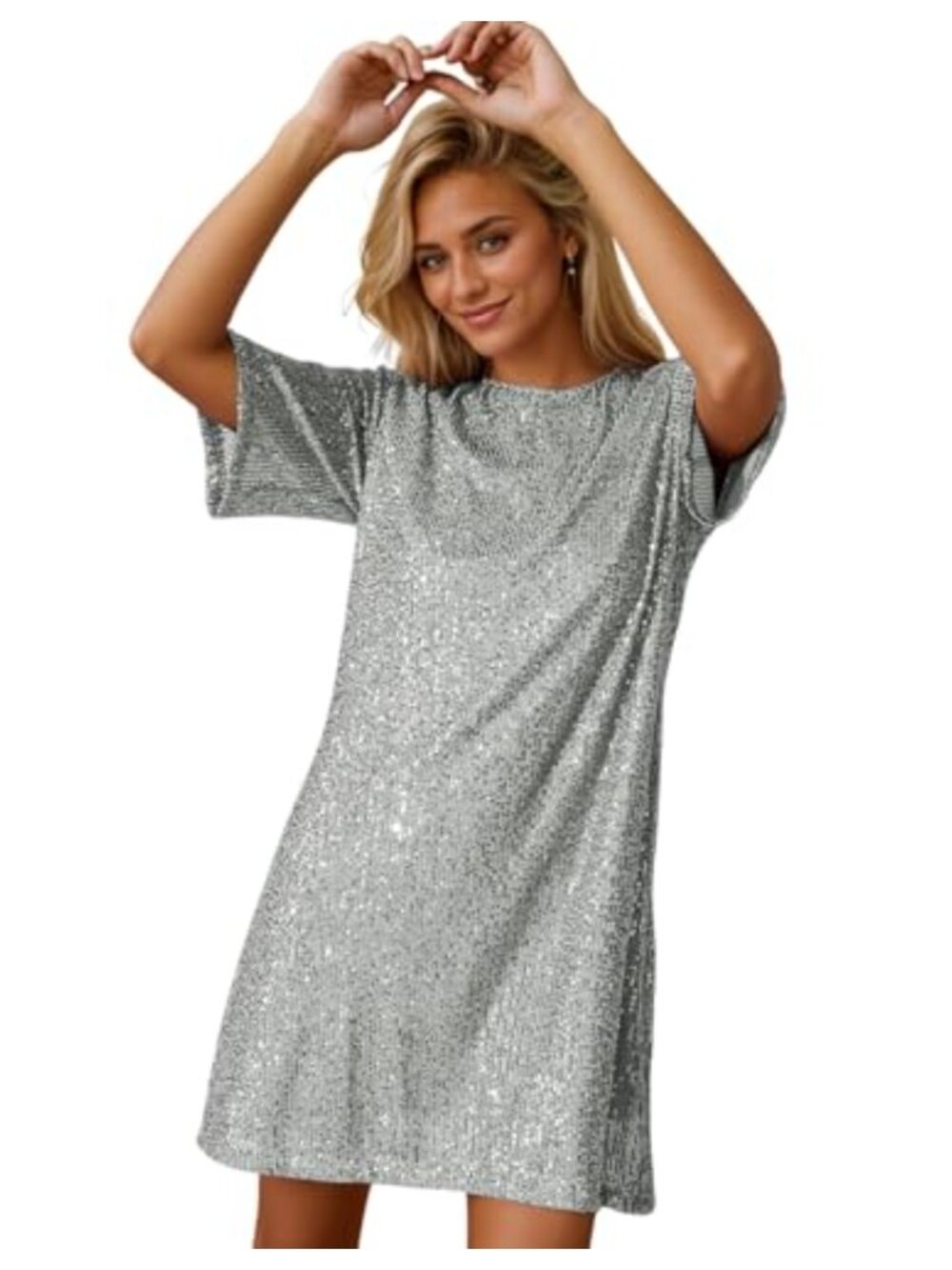 Women's Sequin Shift Mini Dress Short Sleeve Crew Neck Party Clubwear Glitter